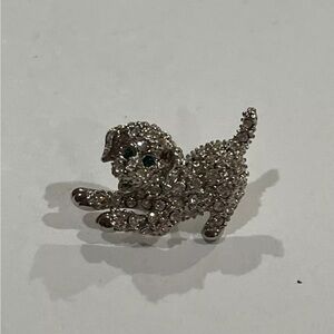 Silver Tone Sparkling Crystal Dog Brooch Pin Lapel With Green Eyes